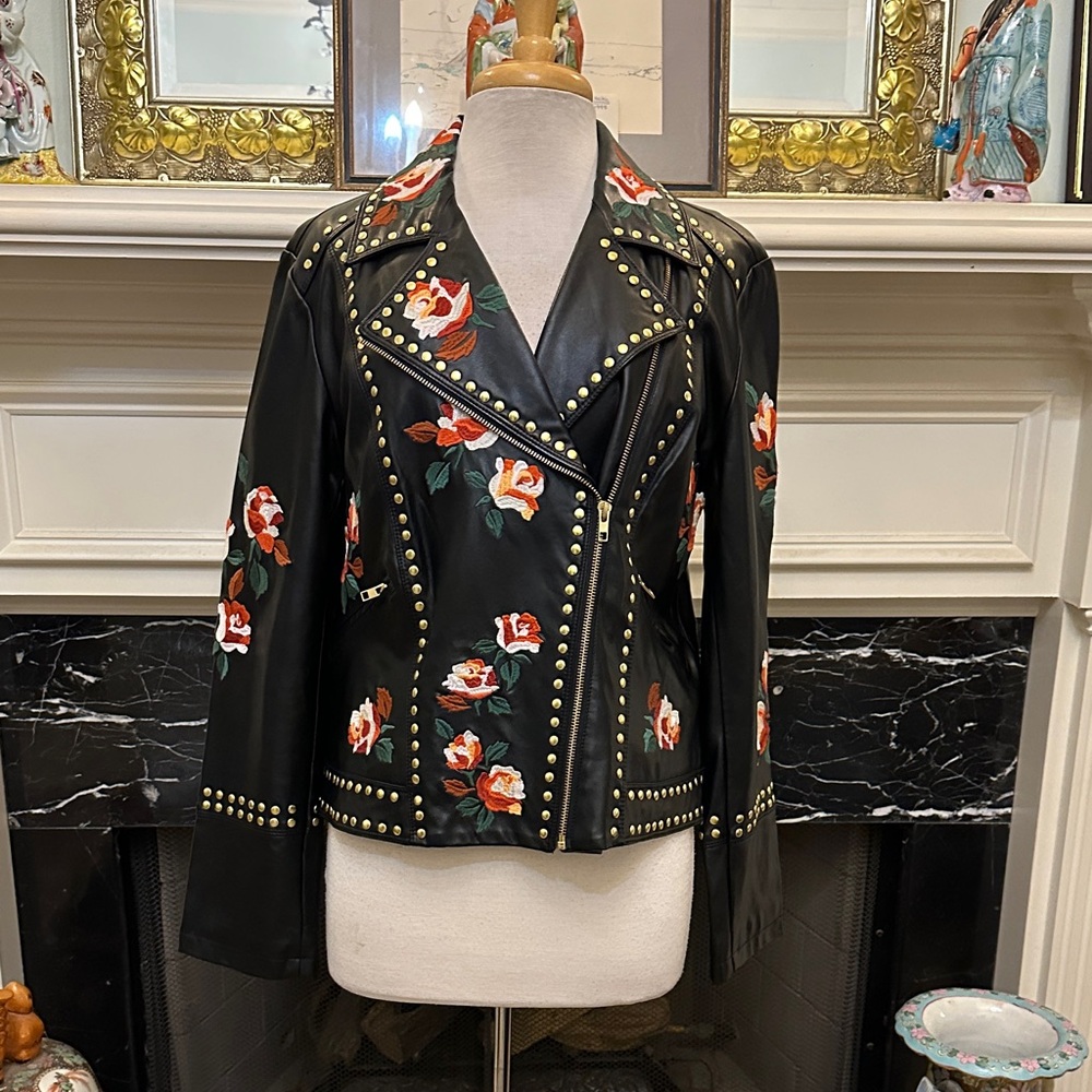 INC International Concepts Black Leather Jacket with Floral Embroidery